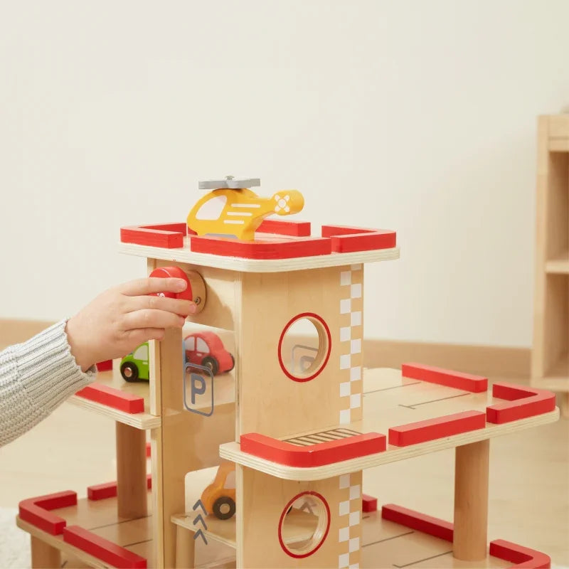 VIGA Drewniany Parking dla Samochodzików z Windą 4 Autka Helikopter - zabawki-dla-dziewczynki