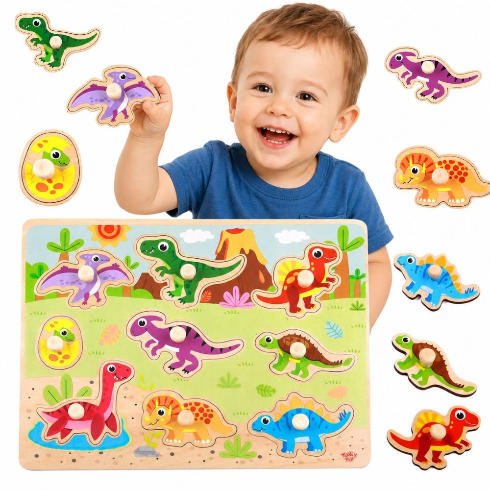 1-TOOKY TOY Drewniane Puzzle Montessori Układanka Dinozaury Kształty-1