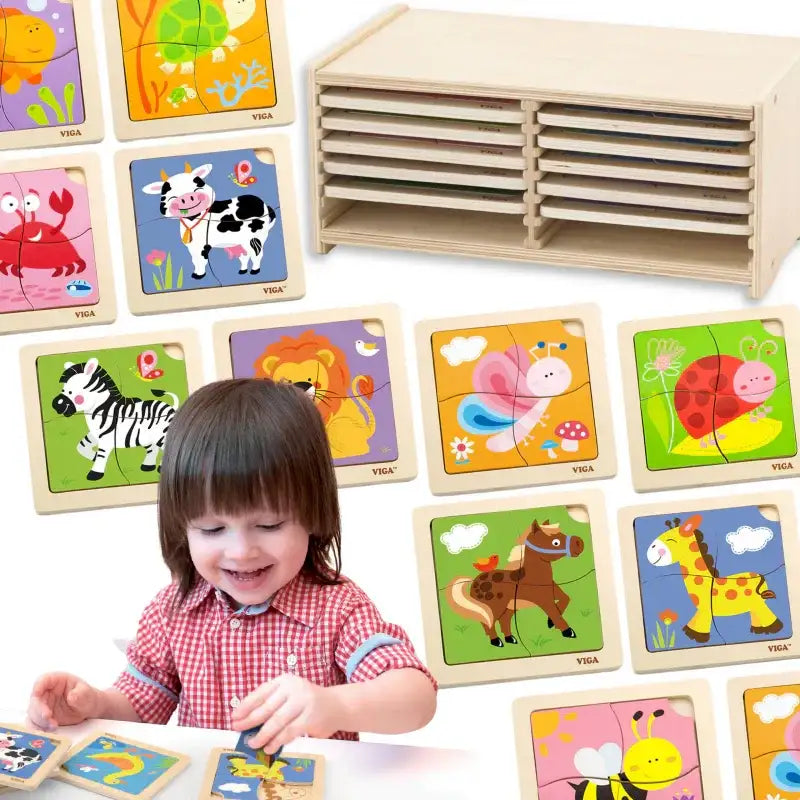 VIGA puzzle drewniane 12 plansz po 4 elementy w stojaku - zabawki-dla-dziewczynki