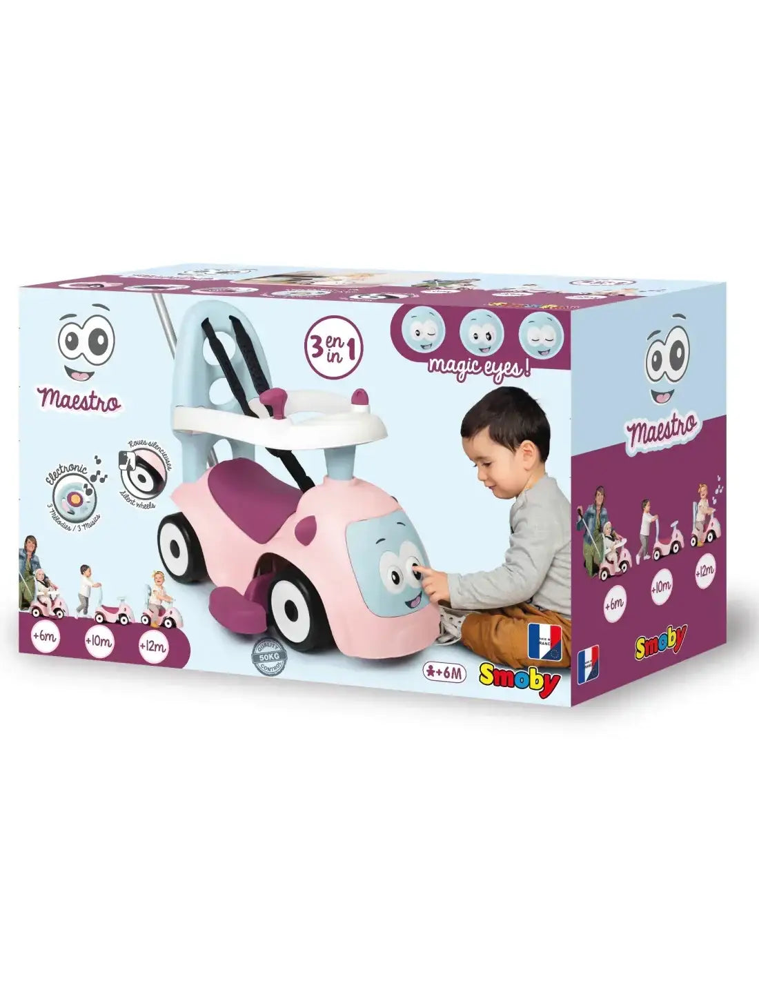 Smoby Maestro 3w1 różowy jeździk dla dziewczynki, zabawka edukacyjna na opakowaniu - zabawki-dla-dziewczynki