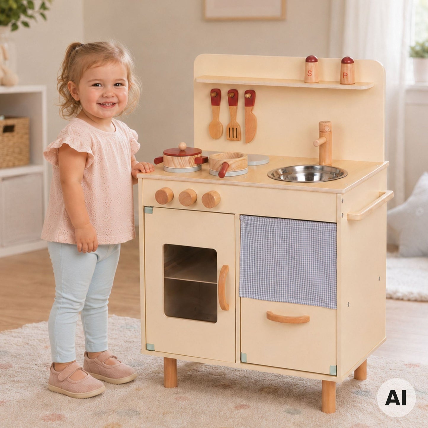 2-TOOKY TOY Drewniana Beżowa Kuchnia z Akcesoriami-2