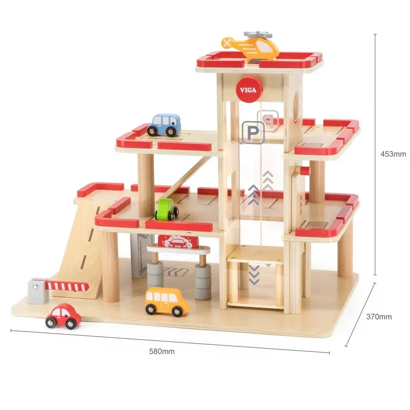 VIGA Drewniany Parking dla Samochodzików z Windą 4 Autka Helikopter - zabawki-dla-dziewczynki