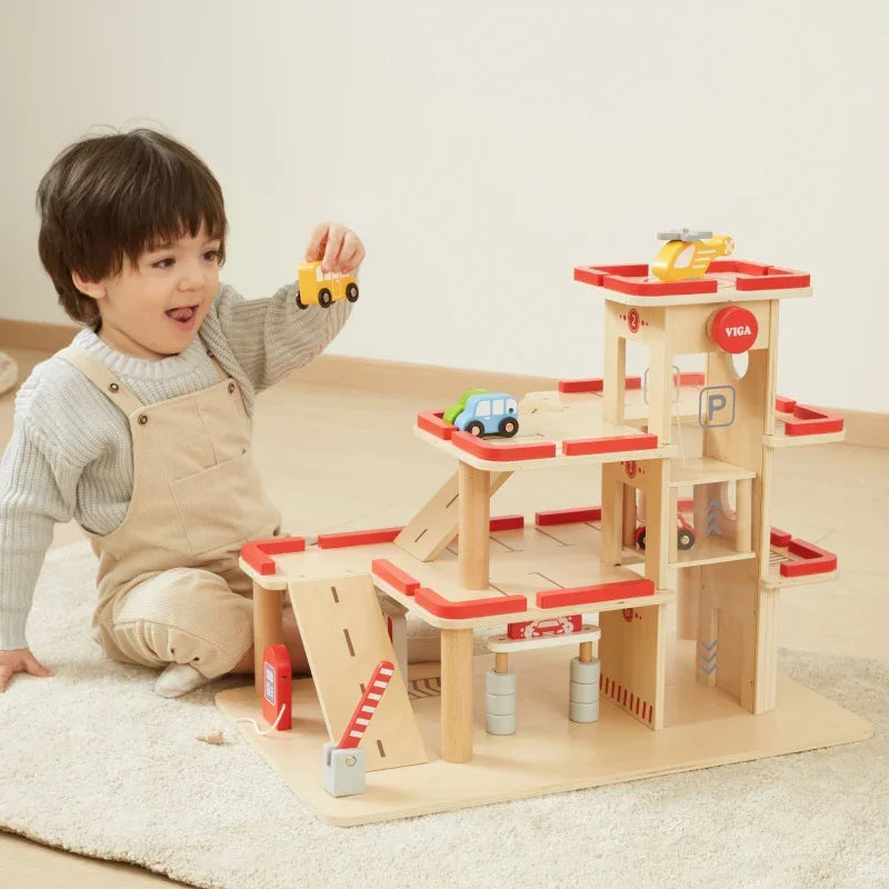 VIGA Drewniany Parking dla Samochodzików z Windą 4 Autka Helikopter - zabawki-dla-dziewczynki