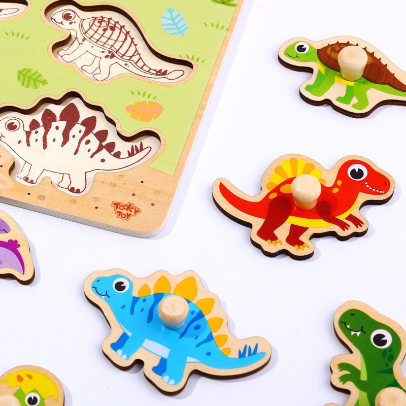6-TOOKY TOY Drewniane Puzzle Montessori Układanka Dinozaury Kształty-6