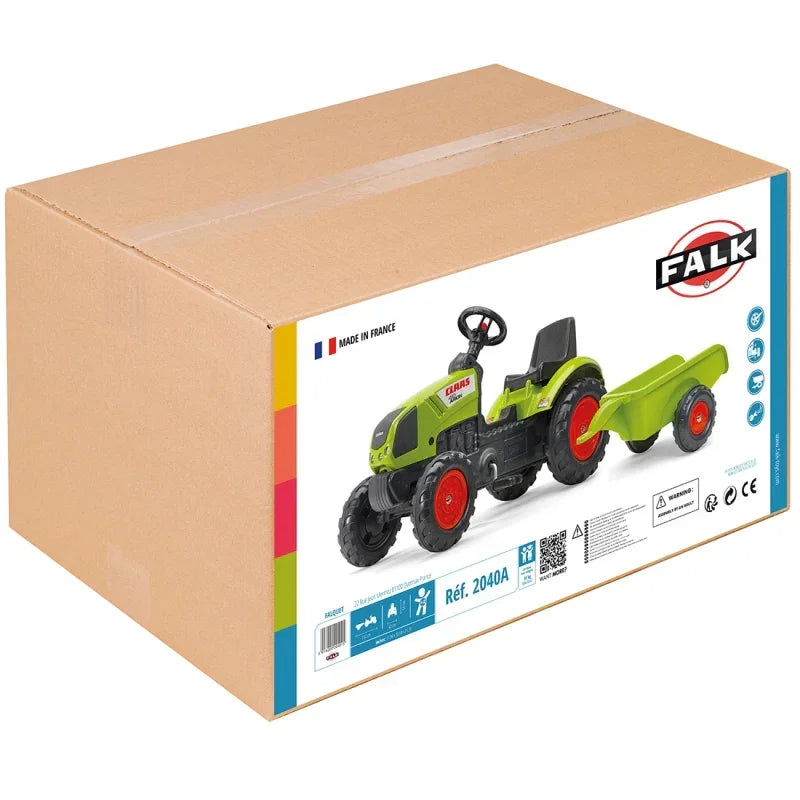 FALK Claas traktor zielony z pedałami i przyczepą edukacyjny - zabawki-dla-dziewczynki