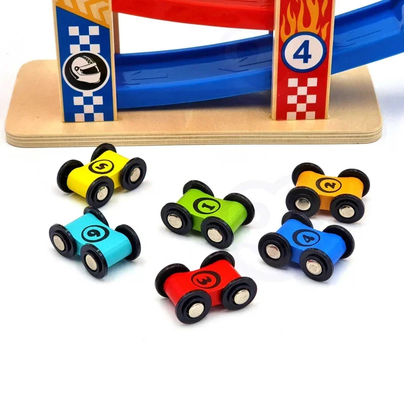 Drewniany tor samochodowy TOOKY TOY kolorowa zjeżdżalnia dla dzieci - zabawki-dla-dziewczynki