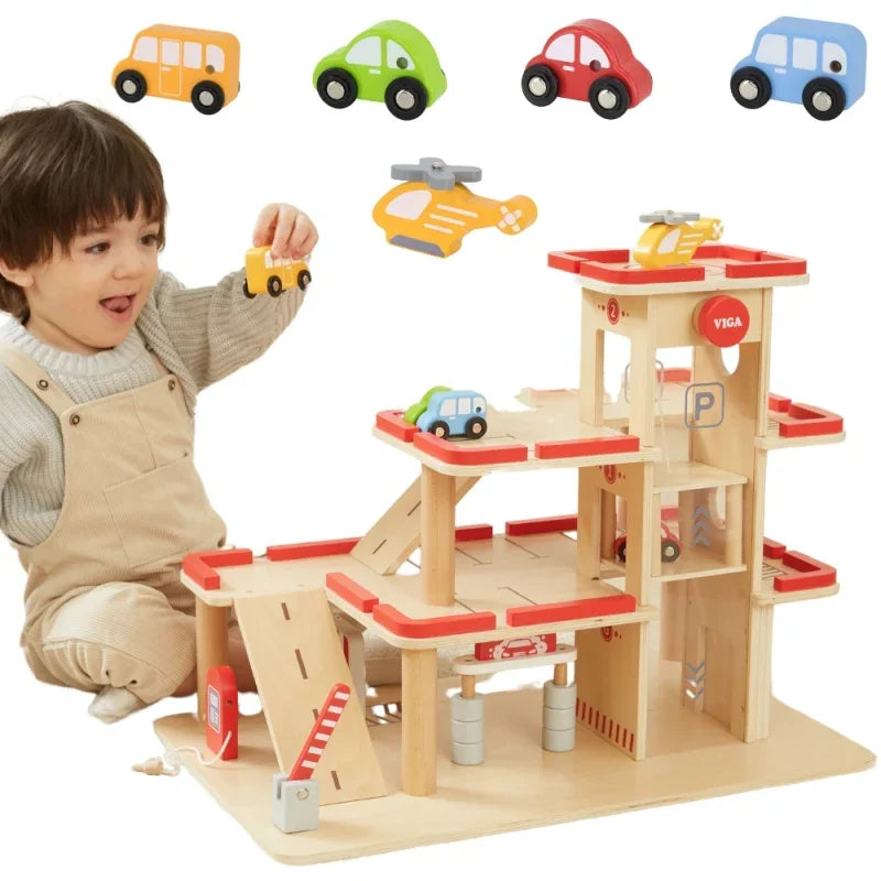 VIGA Drewniany Parking dla Samochodzików z Windą 4 Autka Helikopter - zabawki-dla-dziewczynki