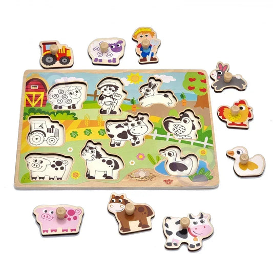 WOOPIE GREEN Drewniane Puzzle Montessori Farma z Pinezkami Do Dopasowania - zabawki-dla-dziewczynki