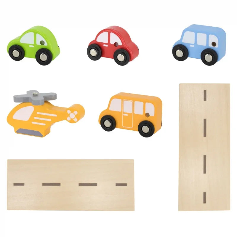 VIGA Drewniany Parking dla Samochodzików z Windą 4 Autka Helikopter - zabawki-dla-dziewczynki