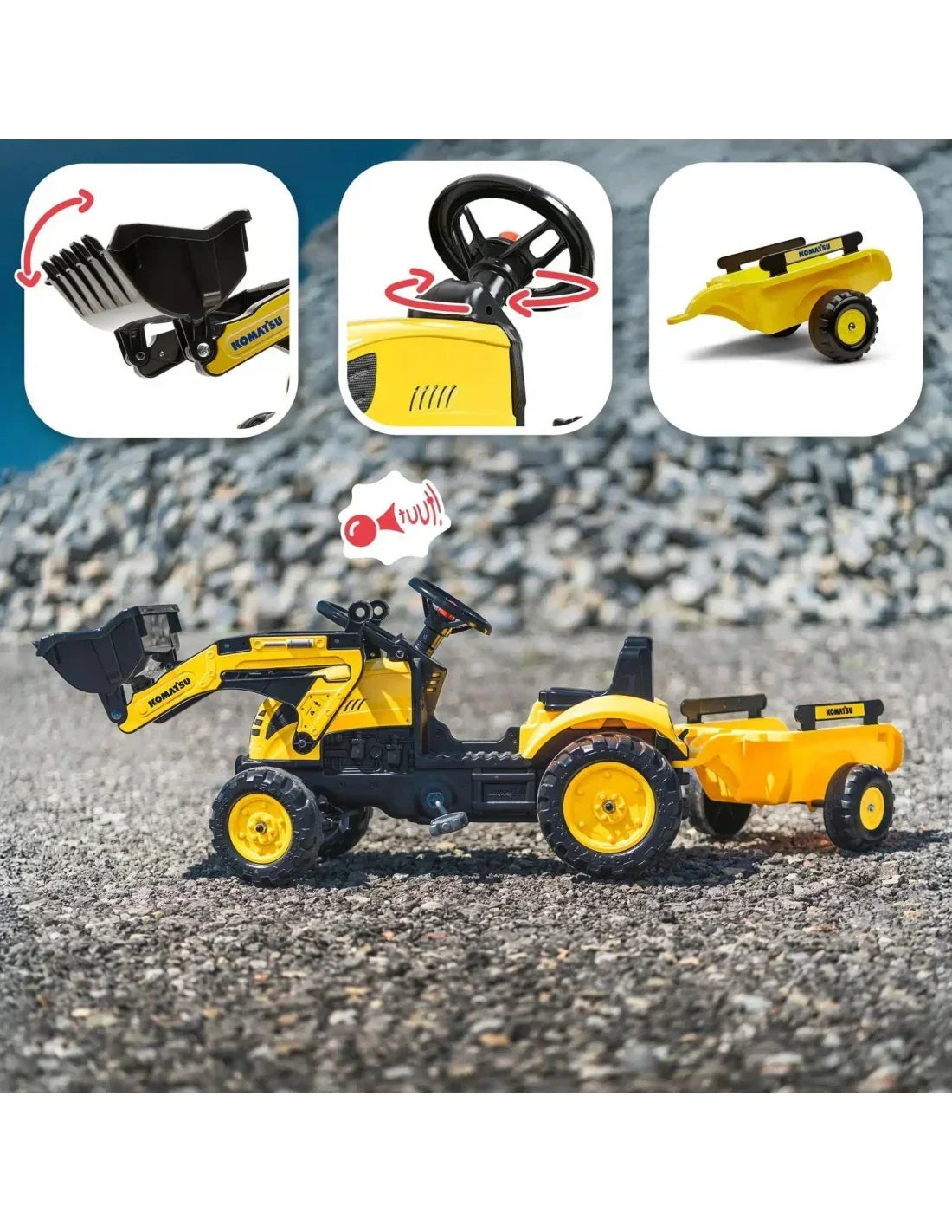 Stabilny i bezpieczny traktor na pedały FALK Komatsu dla małych budowniczych  - zabawki-dla-dziewczynki