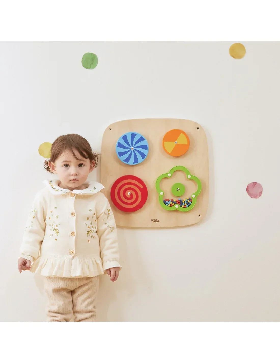 Panel ścienny Montessori VIGA wirujące elementy dla dzieci  - zabawki-dla-dziewczynki