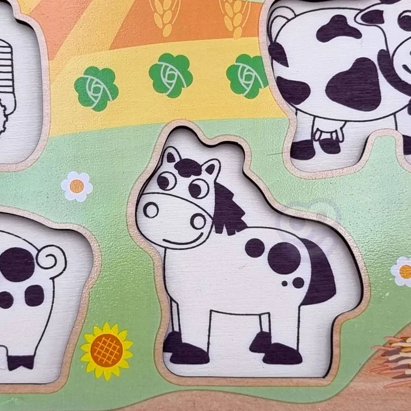 WOOPIE GREEN Drewniane Puzzle Montessori Farma z Pinezkami Do Dopasowania - zabawki-dla-dziewczynki