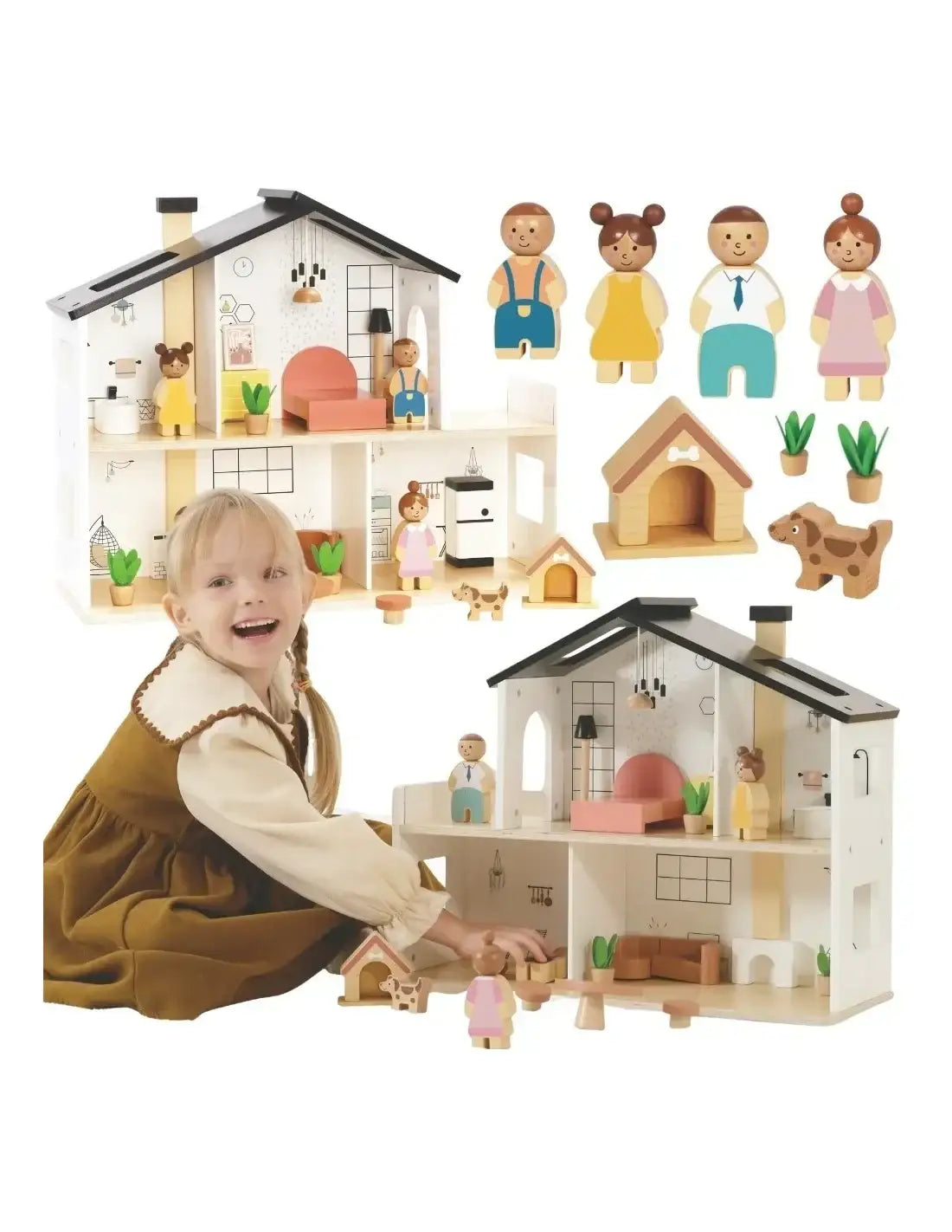 TOOKY TOY drewniany domek dla lalek z akcesoriami i rodzinką 20 elementów