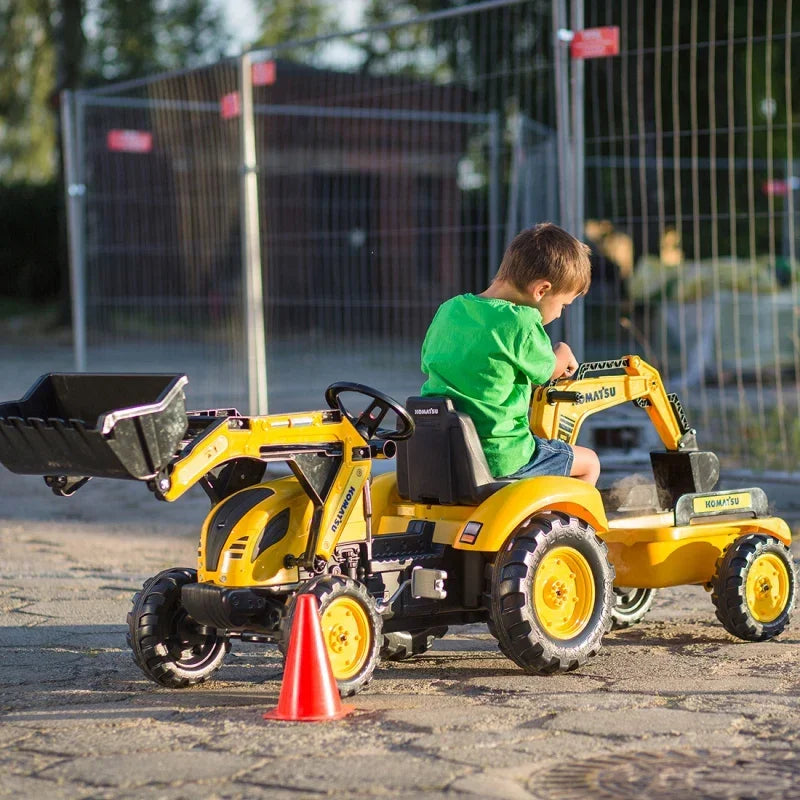 Traktor FALK KOMATSU z ruchomą koparką, łyżką i przyczepką do kreatywnej zabawy - zabawki-dla-dziewczynki