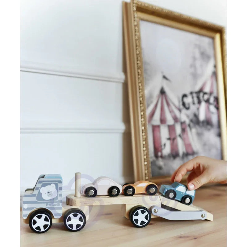 VIGA PolarB Drewniana laweta z samochodzikami Montessori - zabawki-dla-dziewczynki