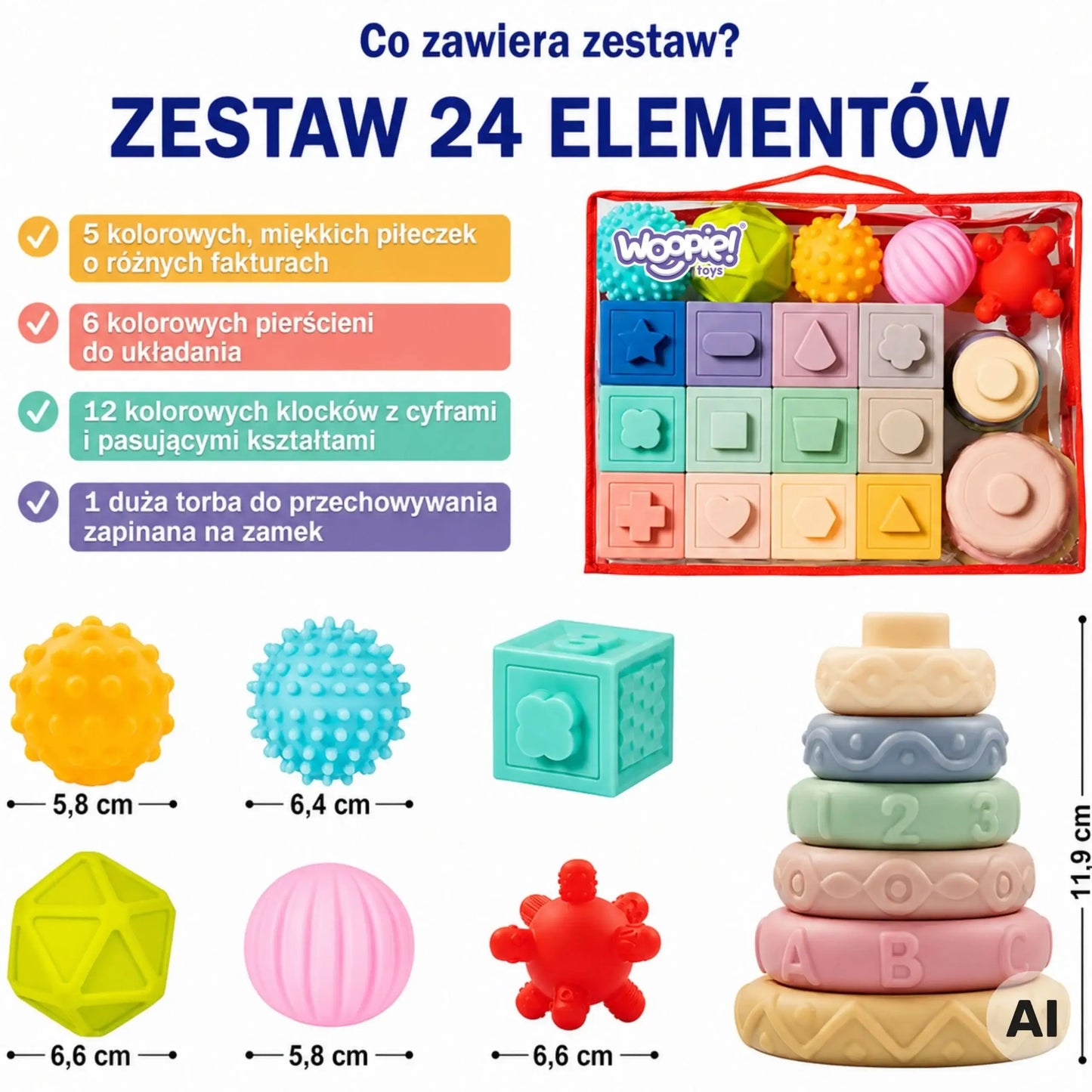 Kolorowe klocki sensoryczne i gryzaki dla niemowląt