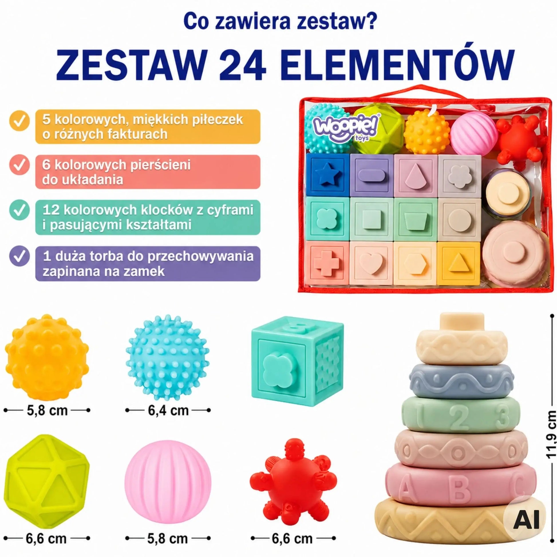 Kolorowe klocki sensoryczne i gryzaki dla niemowląt