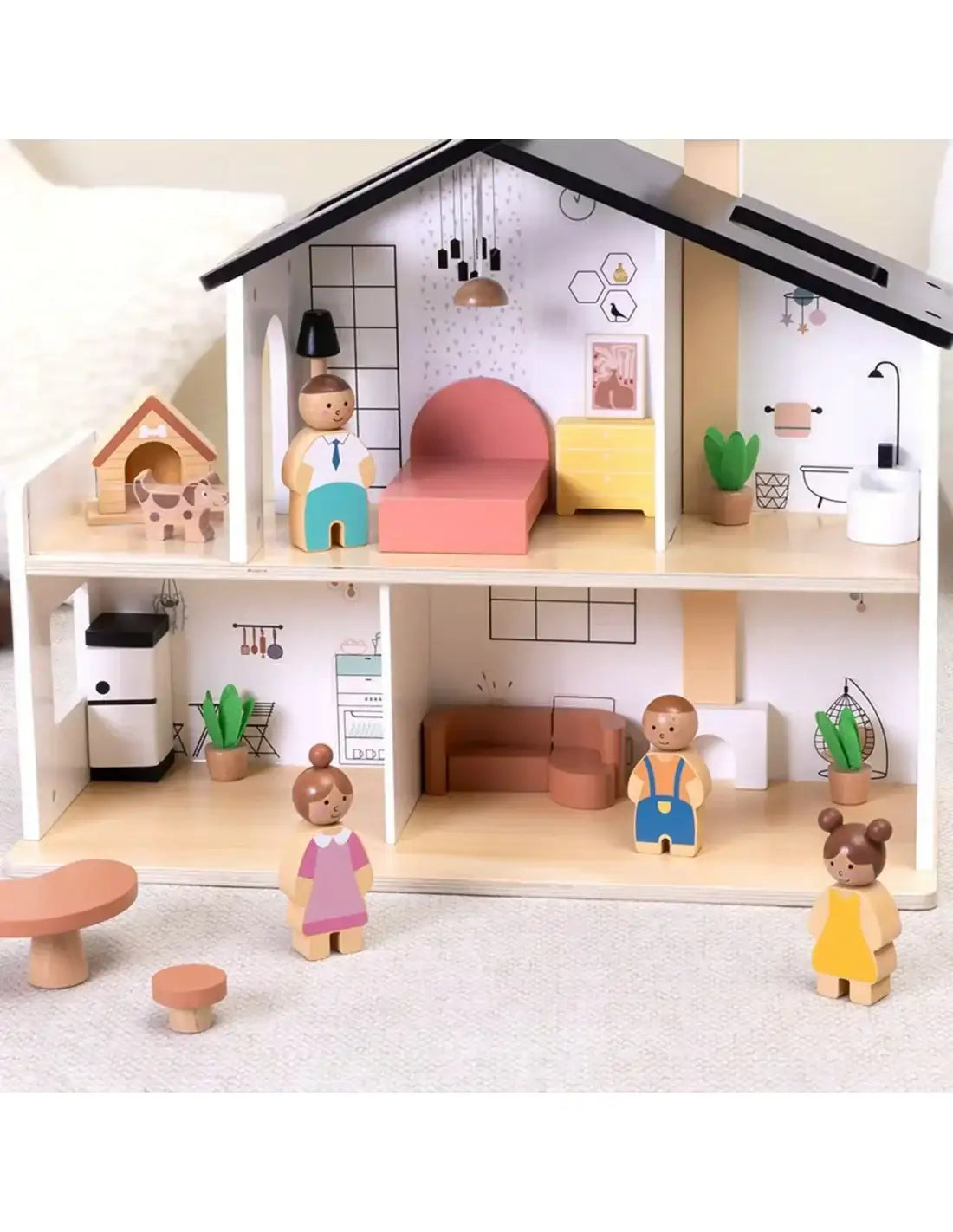 Drewniany domek dla lalek TOOKY TOY z rodzinką i wyposażeniem