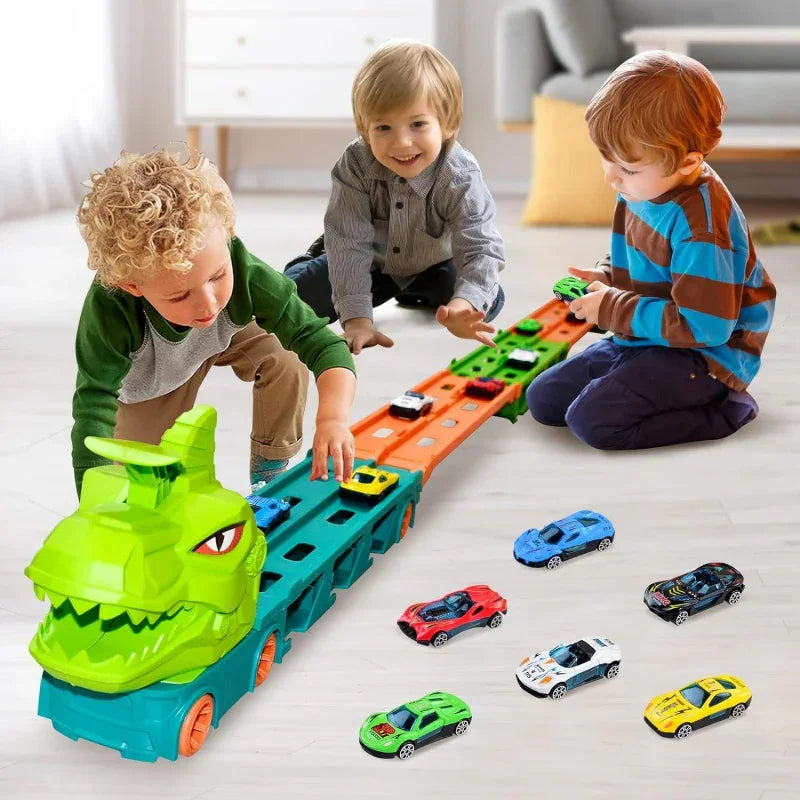 Ciężarówka Dinozaur WOOPIE, tor 2,1 m dla małych samochodzików  - zabawki-dla-dziewczynki