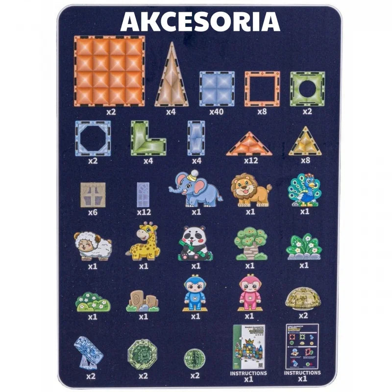 WOOPIE Klocki Magnetyczne Konstrukcyjne Świecące 3D Świat Zwierząt 124el. - zabawki-dla-dziewczynki