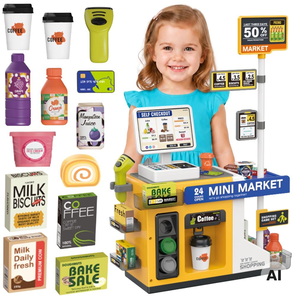 1-WOOPIE Sklep Mini Market Interaktywna Kasa Skaner Akcesoria Dźwięki Światło-1