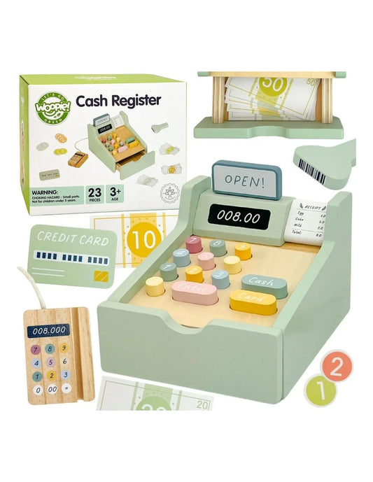 WOOPIE GREEN Drewniana kasa fiskalna edukacyjna dla dzieci 3+  - zabawki-dla-dziewczynki
