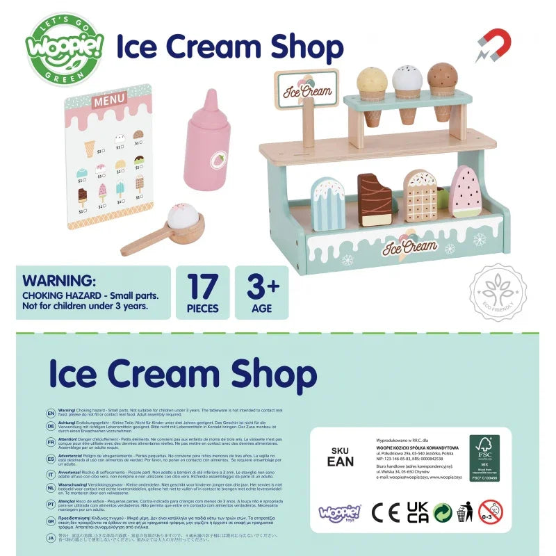 WOOPIE GREEN Drewniana Lodziarnia Sklepik Zestaw z Lodami Stragan 16 EL - zabawki-dla-dziewczynki
