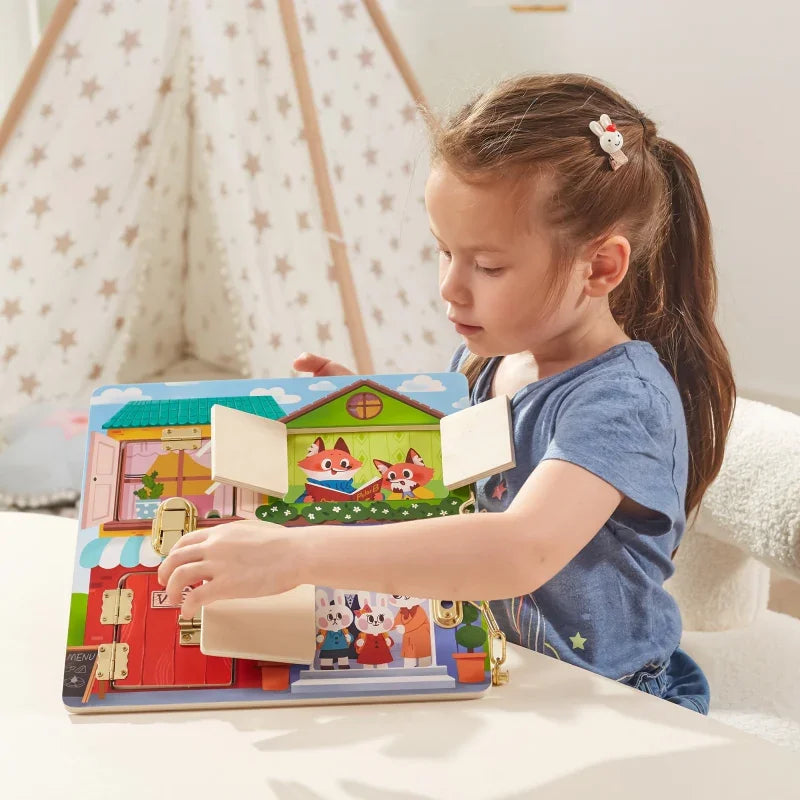 3-VIGA Drewniana Tablica Manipulacyjna Otwieranie Zamków i Zatrzasków Domek Montessori-3