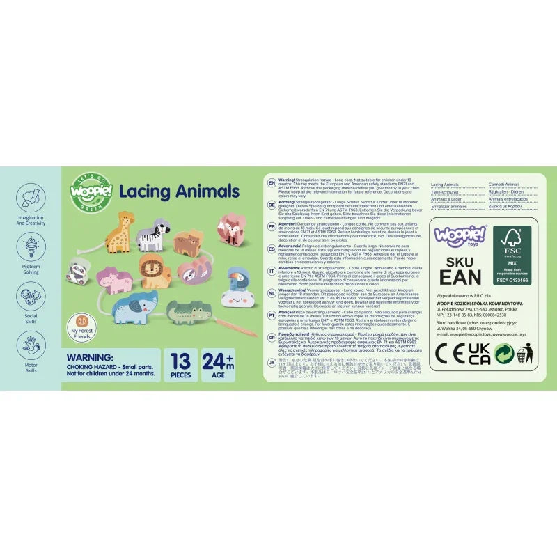 WOOPIE GREEN Drewniana Nawlekanka Klocki Przeplatanka ZOO Montessori 13 el. - zabawki-dla-dziewczynki