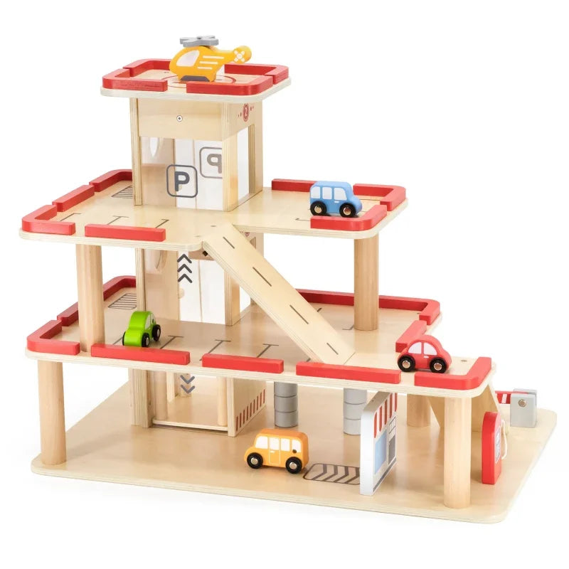 VIGA Drewniany Parking dla Samochodzików z Windą 4 Autka Helikopter - zabawki-dla-dziewczynki