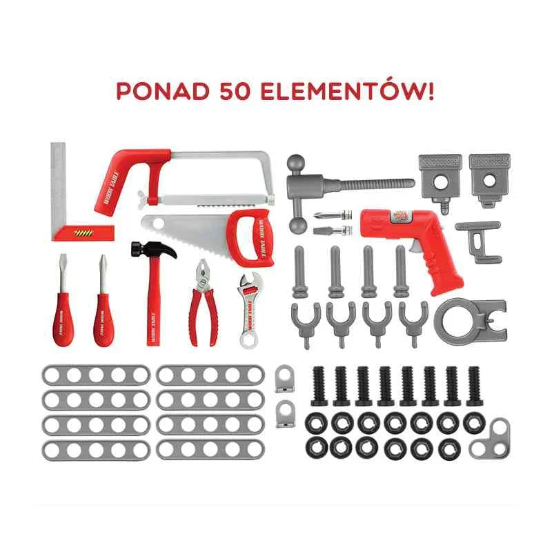 WOOPIE Duży Warsztat z Narzędziami dla Dzieci Zestaw Majsterkowicza Wiertarka Piła Młotek 50 el. - zabawki-dla-dziewczynki