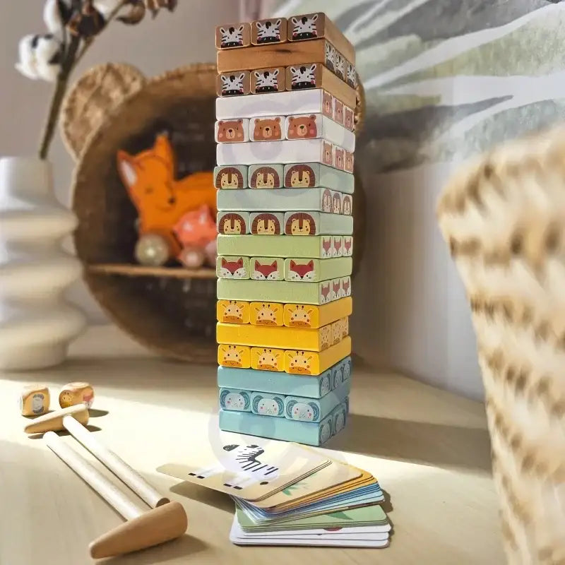 Kolorowa drewniana gra Jenga z motywem zwierząt, zabawki edukacyjne  - zabawki-dla-dziewczynki