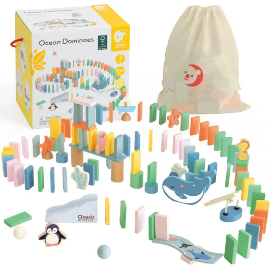 Drewniane domino CLASSIC WORLD tor przeszkód 100 elementów - zabawki-dla-dziewczynki