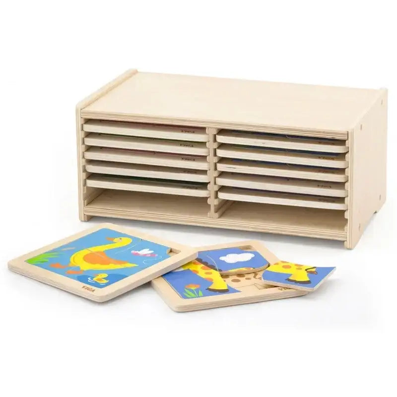 Zestaw VIGA drewniane puzzle 12 plansz w stojaku - zabawki-dla-dziewczynki