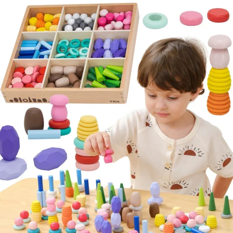 VIGA klocki drewniane edukacyjne układanka Montessori 58 elementów - zabawki-dla-dziewczynki