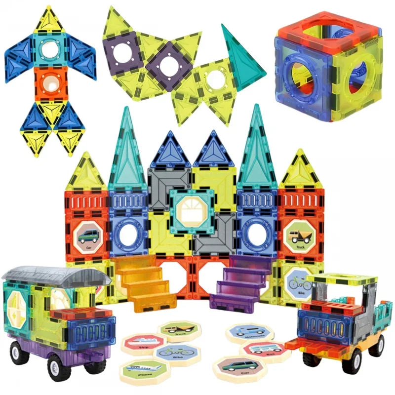 WOOPIE Klocki Magnetyczne 3D Zestaw Zamek Pojazdy 71el. - zabawki-dla-dziewczynki