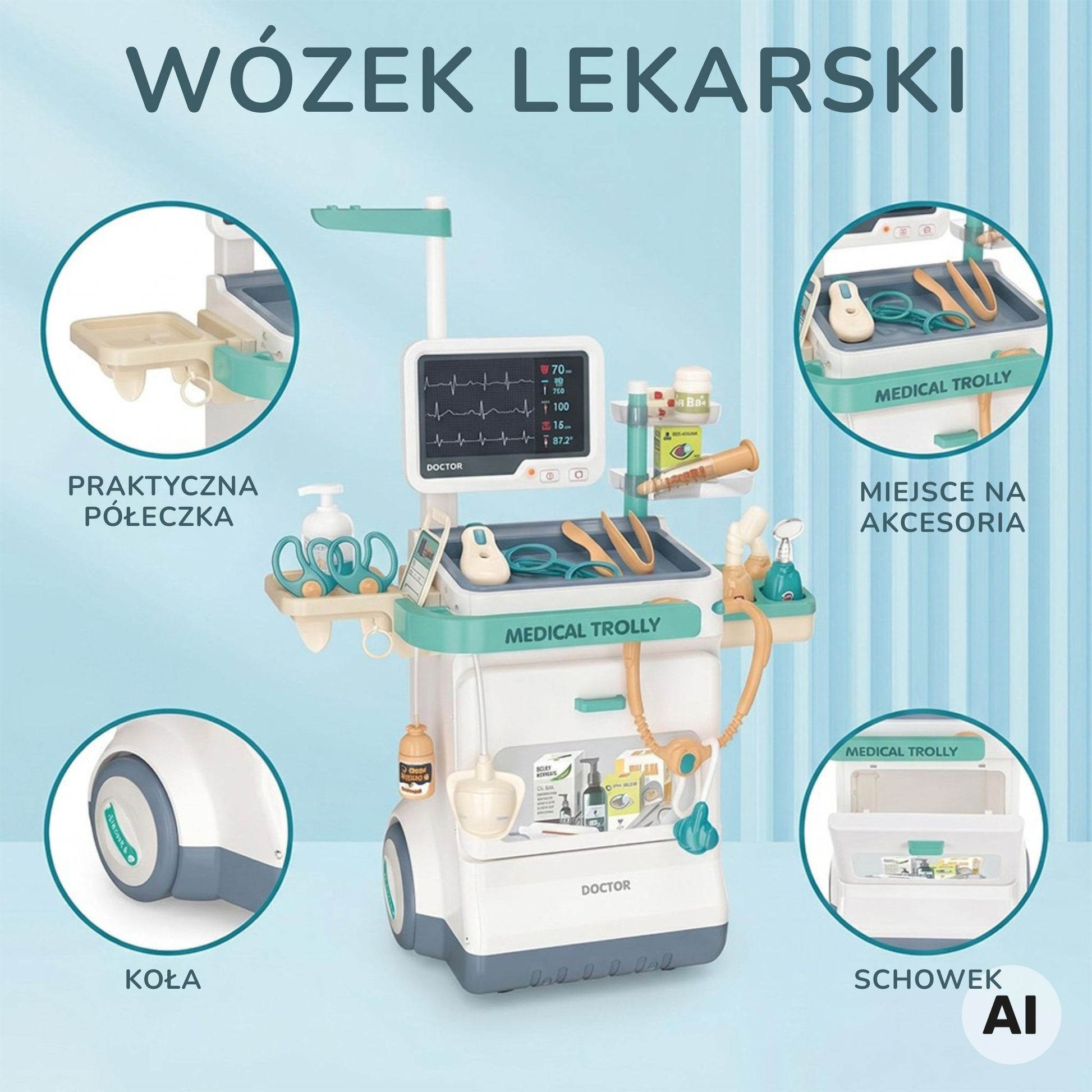 2-WOOPIE Wózek Lekarski Zestaw Mały Doktor EKG Dźwięk Światło Regulowany 26el-2