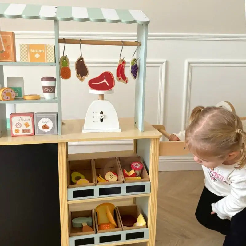 Drewniany sklepik WOOPIE GREEN food truck dla dzieci 73 elementy - zabawki-dla-dziewczynki