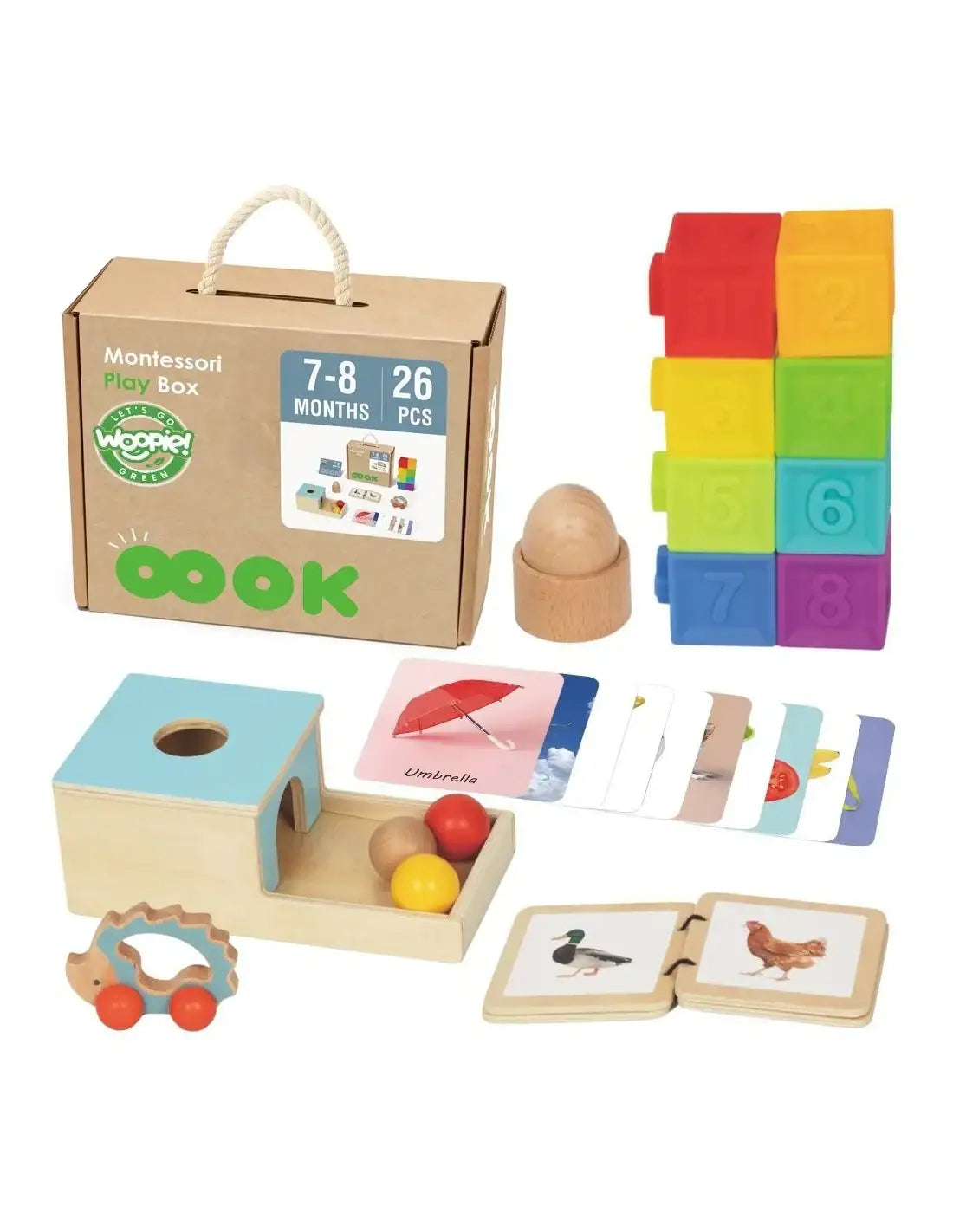 1-WOOPIE GREEN Box Pudełko XXL Montessori Edukacyjne 6w1 Sensoryczne 7-8 Miesięcy 26el. FSC-1