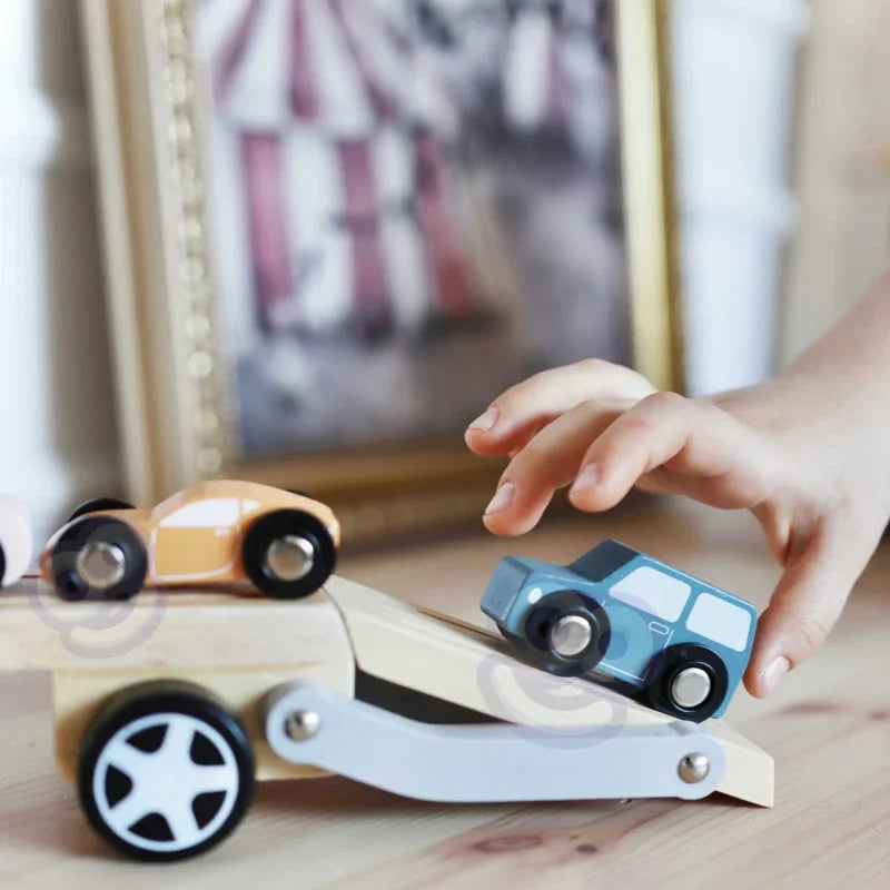 VIGA PolarB Drewniana laweta z samochodzikami Montessori - zabawki-dla-dziewczynki