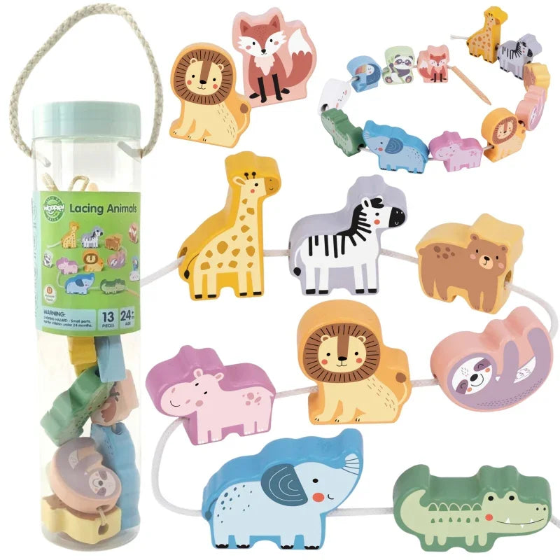 WOOPIE GREEN Drewniana Nawlekanka Klocki Przeplatanka ZOO Montessori 13 el. - zabawki-dla-dziewczynki