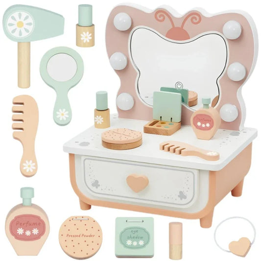 TOOKY TOY Drewniana Toaletka Motyl Akcesoria Lustro z Oświetleniem LED + Kosmetyki - zabawki-dla-dziewczynki