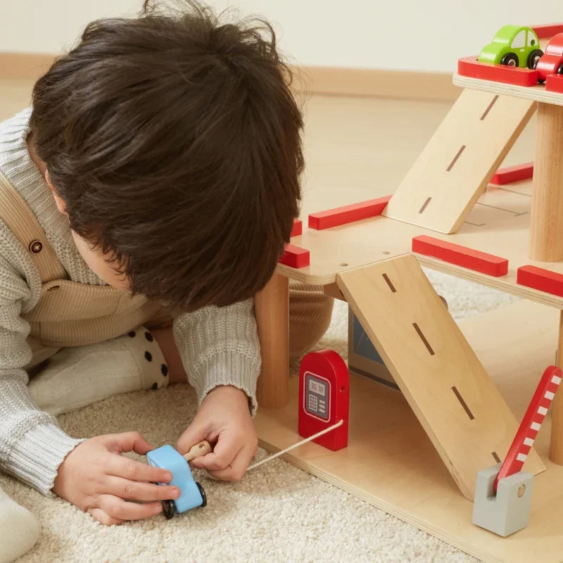 VIGA Drewniany Parking dla Samochodzików z Windą 4 Autka Helikopter - zabawki-dla-dziewczynki