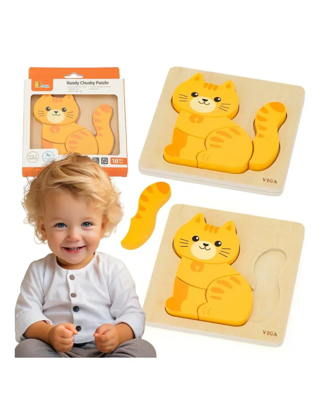VIGA drewniane puzzle Rudy Kotek dla dzieci 18m+ - zabawki-dla-dziewczynki
