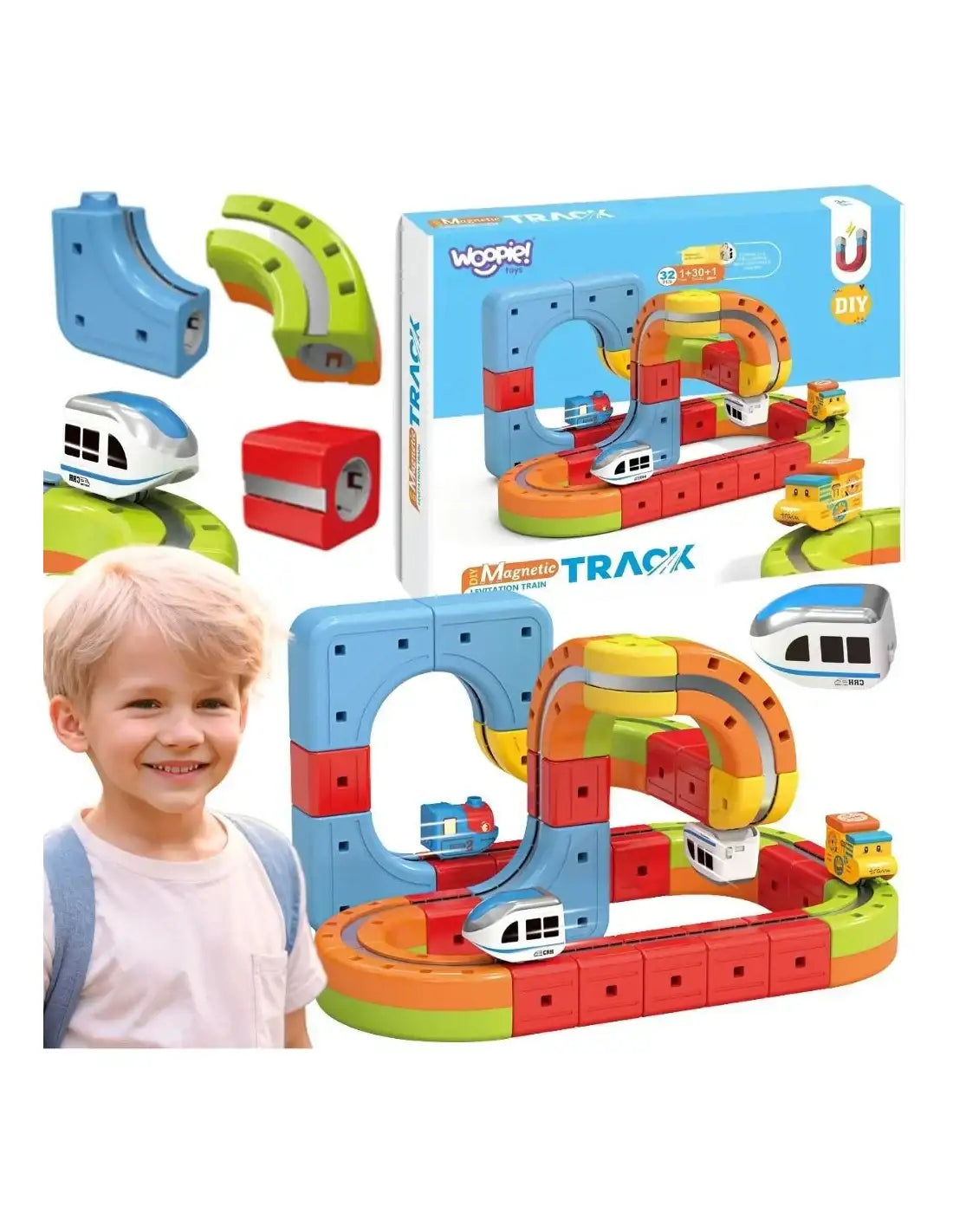 WOOPIE Magiczna Kolejka Kostkowa 32 el. – magnetyczny tor konstrukcyjny