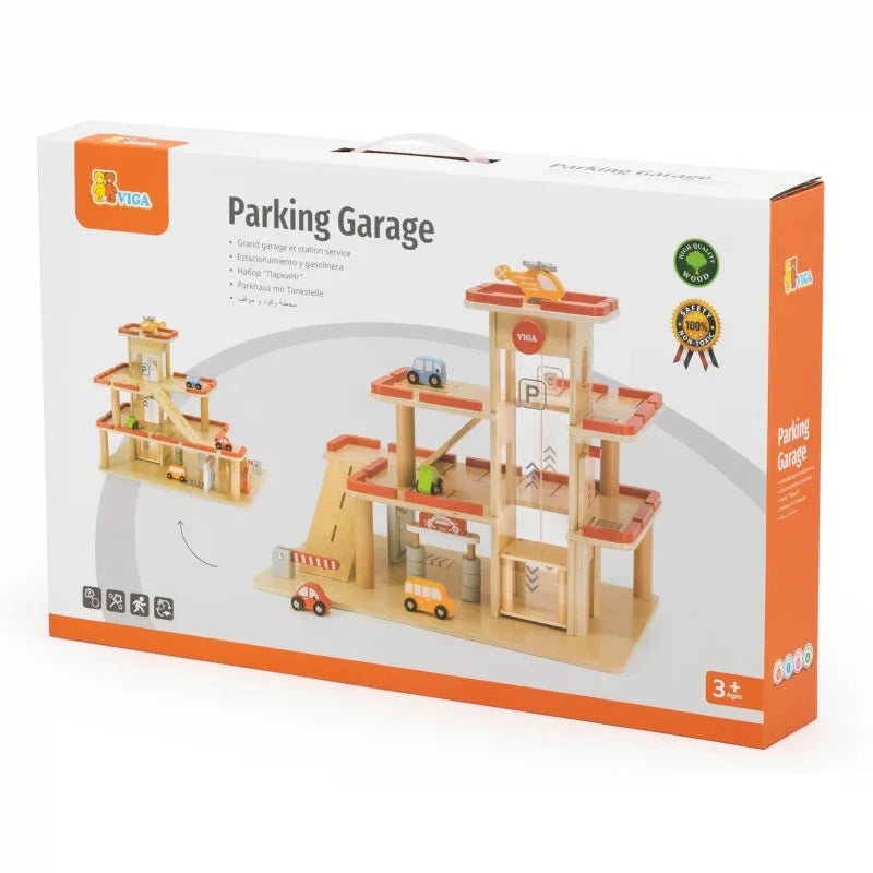 VIGA Drewniany Parking dla Samochodzików z Windą 4 Autka Helikopter - zabawki-dla-dziewczynki