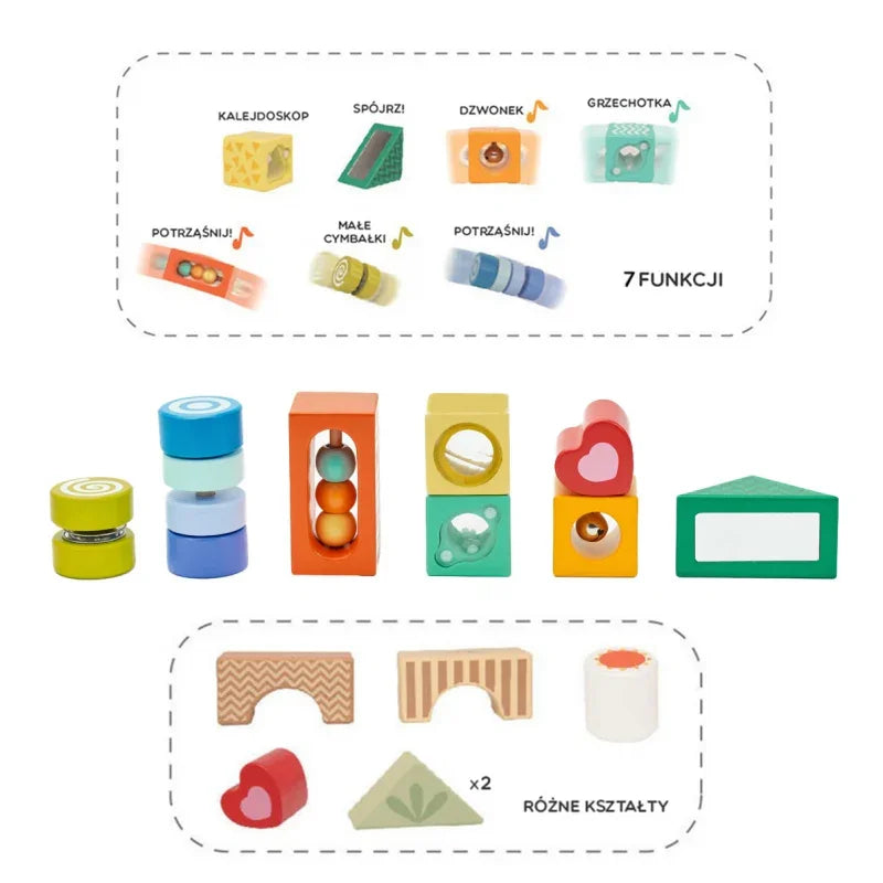 CLASSIC WORLD Drewniane Klocki Sensoryczne 7 Funkcji Układanka Multifunkcyjna Kształty Dźwięk MONTESSORI 14 el. - zabawki-dla-dziewczynki