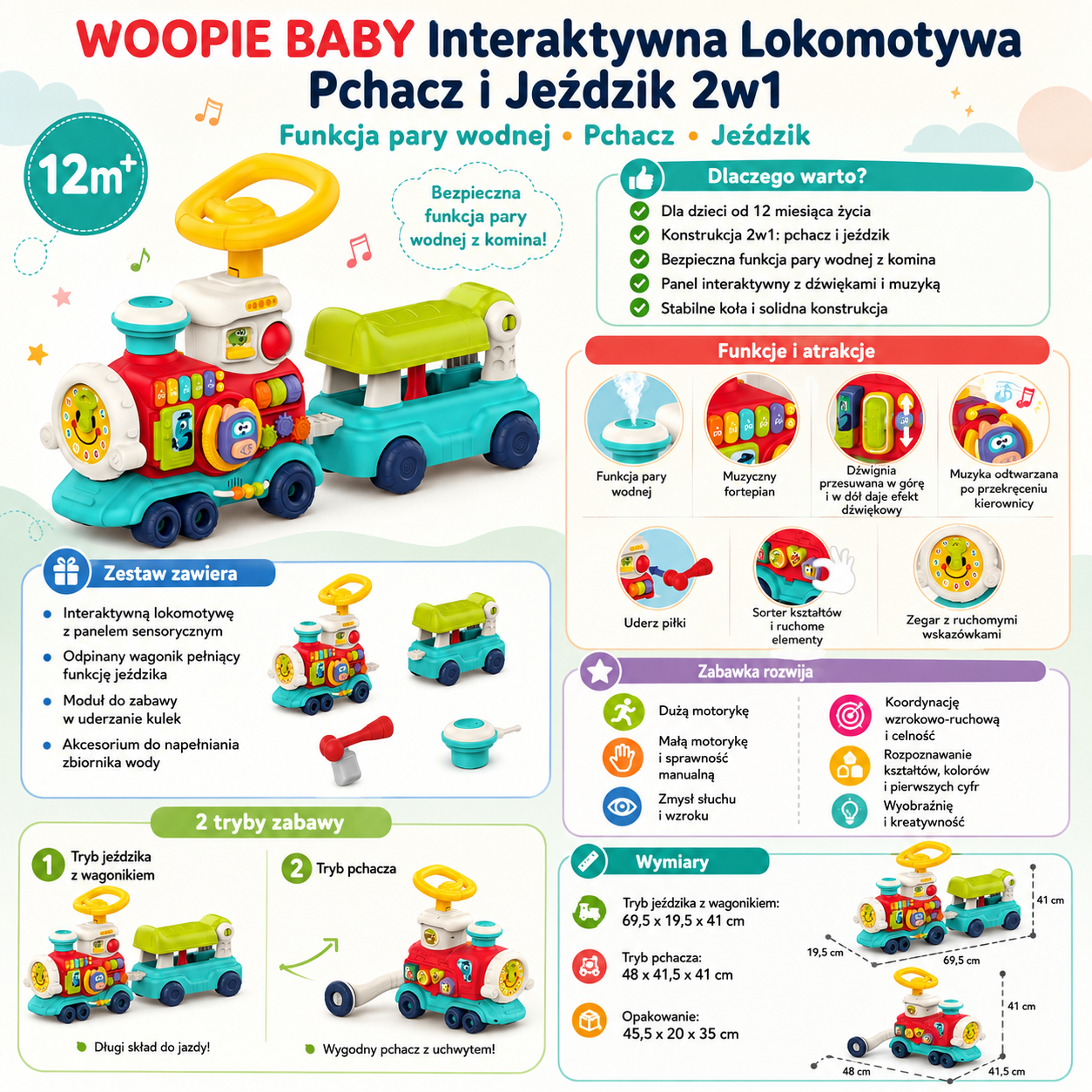 2-WOOPIE BABY Lokomotywa Pchacz Jeździk 2w1 Interaktywny Pociąg-2