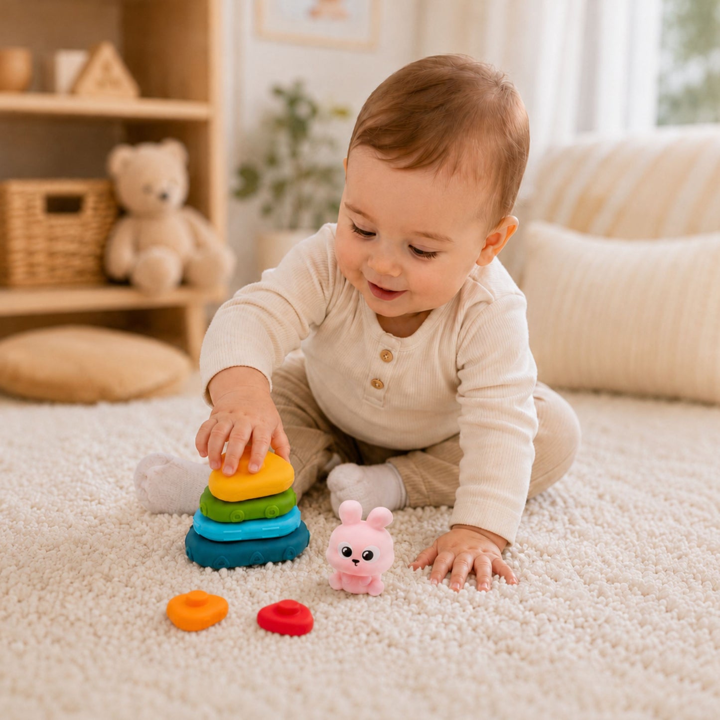 2-WOOPIE BABY Piramidka Sensoryczna Wieża Sorter Króliczek 6m+-2