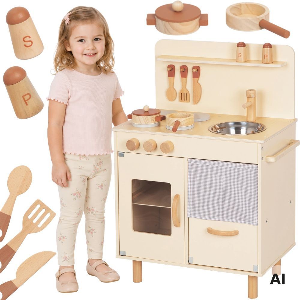 1-TOOKY TOY Drewniana Beżowa Kuchnia z Akcesoriami-1